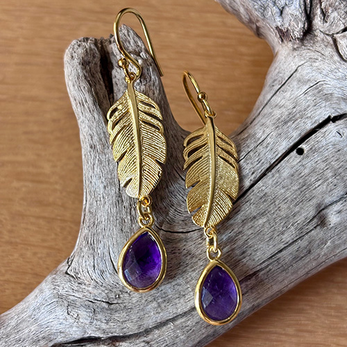 Edelstein-Ohrringe Amethyst Feder Gold